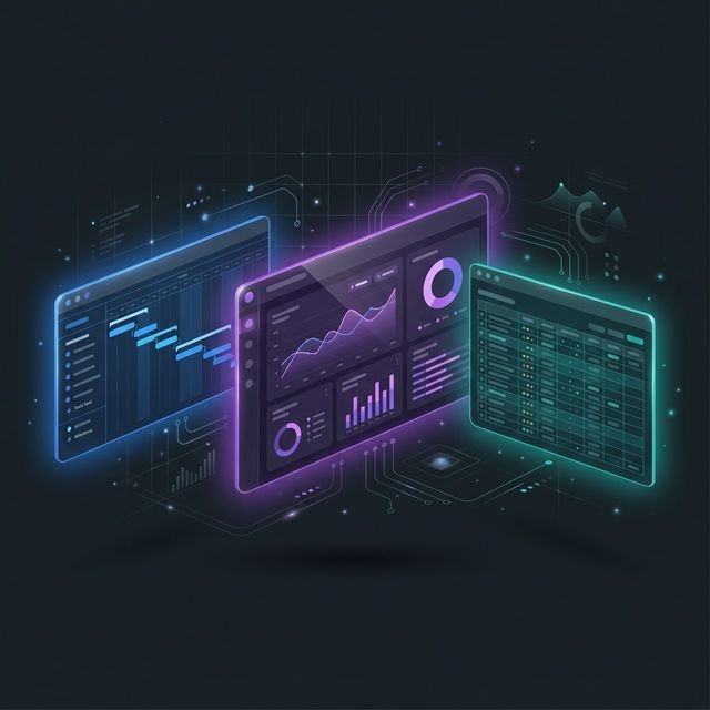 Paneles de las tres aplicaciones Sientia: gestión de equipos, ERP y matrices